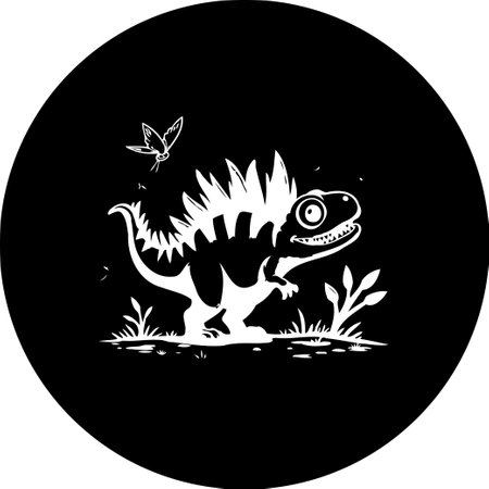 A delightful monochrome depiction showcasing a cute, cartoonish dinosaur alongside a butterfly. The design is set against a black background, radiating a playful and whimsical charm.のイラスト素材