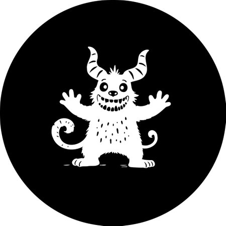 A playful cartoon monster stands out in white against a black background, grinning widely with spiky teeth and horned head. This whimsical illustration is perfect for adding a fun touch.のイラスト素材