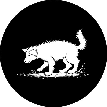 A white dog is depicted through a minimalist illustration against a solid black circular backdrop. The artwork captures a unique charm and character.のイラスト素材