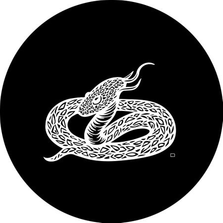 An illustration features a coiled snake in white against a black circular backdrop. The snake is stylized with scale patterns and a sinuous posture, evoking both danger and a sense of mystical representation.のイラスト素材