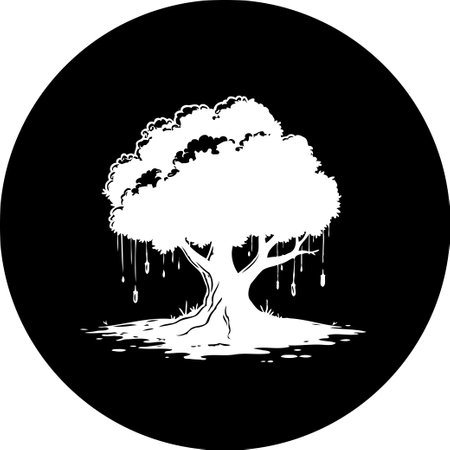A white, silhouetted tree stands against a black circular backdrop. Dangling vines enhance the mystical atmosphere, conveying a sense of natural serenity and peaceful elegance.のイラスト素材