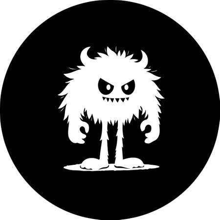 A stylized, fluffy character, possibly a monster, stands against a round, black background. Its fuzzy texture and exaggerated features make it simultaneously spooky and cute, perfect for Halloween designs.のイラスト素材
