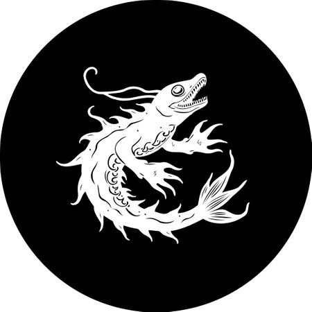 Monochrome rendering of a sea serpent, stylized with elements evoking heraldic motifs. The design presents a whimsical yet historical aesthetic, suitable for emblems or artistic endeavors.のイラスト素材