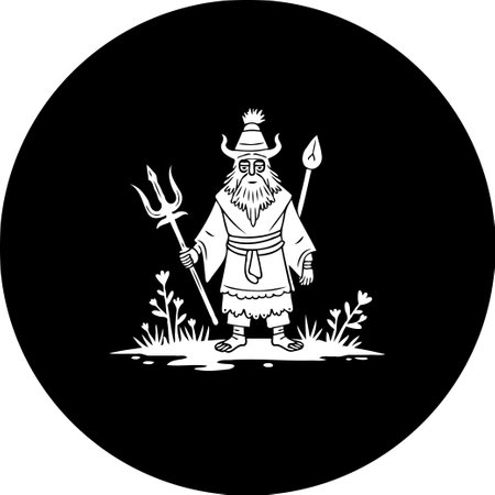 A stylized, vintage illustration depicts a mythical figure with a trident and spear, creating a classic narrative with a hint of magic.のイラスト素材