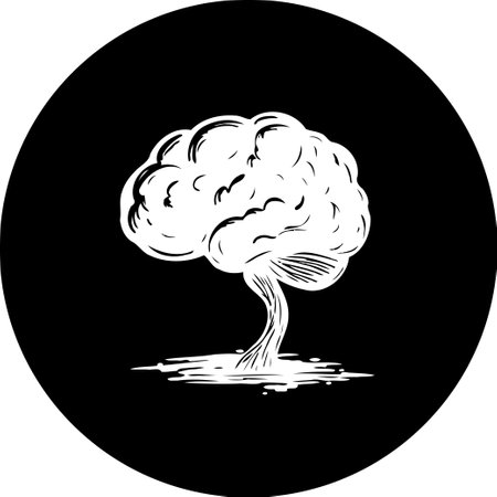 A minimalist representation of a brain, sketched in white against a black circular backdrop. Symbolizes intellect, creative thinking and cognitive processes.のイラスト素材
