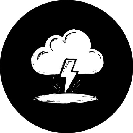 Stylized image featuring a white cloud with lightning bolt against a black circular background. Represents weather phenomena, energy, or potential danger.のイラスト素材