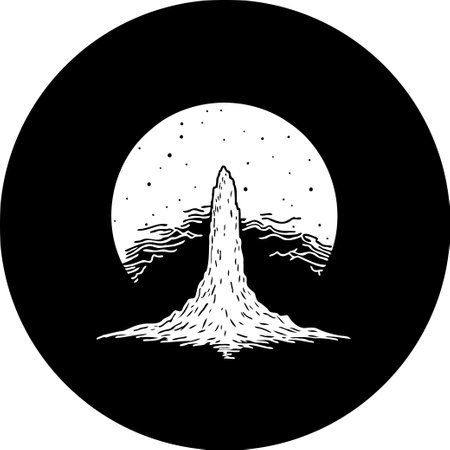 A stylized monochrome illustration shows a powerful geyser erupting under a starry sky within a circular frame, blending natural forces with celestial wonder.のイラスト素材