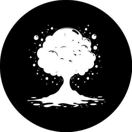 Monochromatic stylized representation of a tree-shaped explosion with scattered particles. Illustrative, abstract design evoking power, hazard, and intense transformative force.のイラスト素材