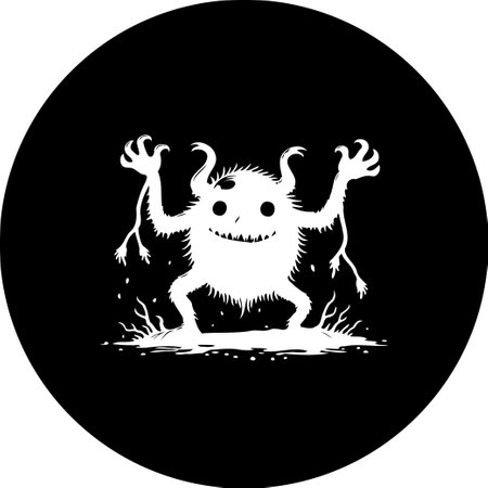 A stylized illustration shows a playful monster silhouette against a black background. The whimsical creature stands out with its cartoonish features and cute expression, evoking a sense of lighthearted fun.のイラスト素材
