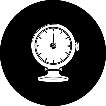 Monochrome depiction of a clock with a vintage aesthetic. The clock stands against a black background, with a classic style, and a bold graphic representation of timekeeping.のイラスト素材