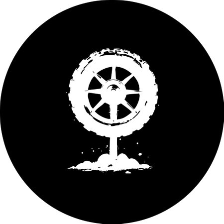 A stylized monochrome image showcasing a tire motif that suggests propulsion and energy. The gritty texture gives a bold, contemporary feel, great for automotive or transport themes.のイラスト素材