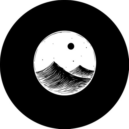 A minimalist black and white illustration features a mountain range under a starry sky, enclosed within a circular border. The design creates a sense of calm and vastness.のイラスト素材