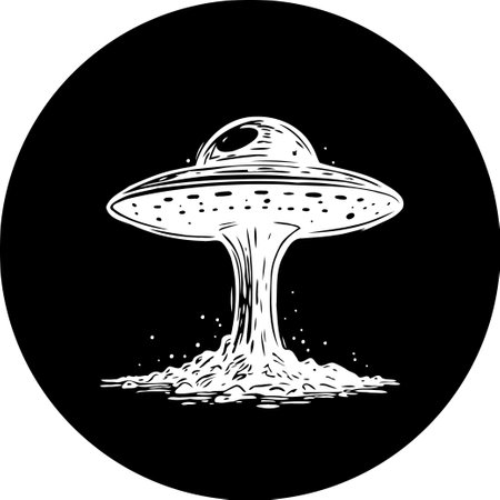 A stylized monochrome illustration shows a ufo landing, accompanied by smoke and debris. The design evokes sci-fi themes of alien encounters and interstellar exploration.のイラスト素材