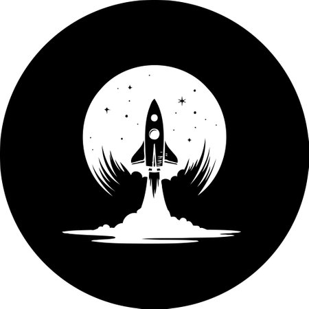 A stylized monochrome image depicts a rocket launching into space. Against a lunar backdrop dotted with stars, it symbolizes innovation, adventure, and the pursuit of interstellar exploration.のイラスト素材