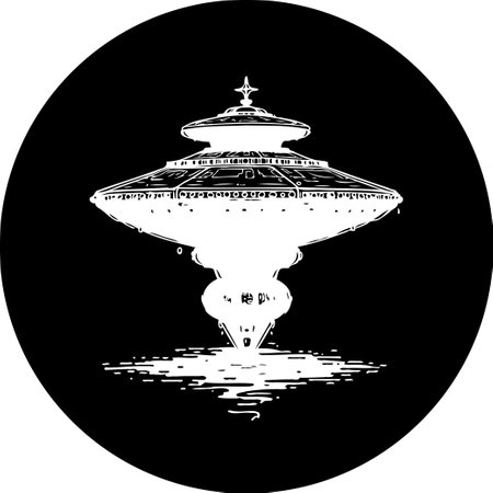 An abstract artistic illustration depicting a complex futuristic structure hovering above a reflective surface, presented in a monochrome palette, creating a visual statementのイラスト素材