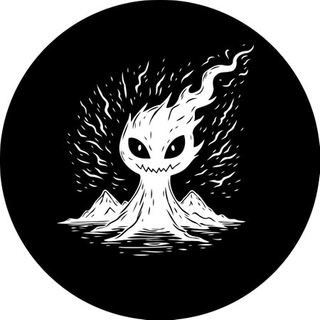 A stylized, monochromatic illustration depicts a fire entity rising from a volcanic landscape. The creature and environment are rendered with distinct lines, evoking a fantastical, slightly ominous atmosphere.のイラスト素材