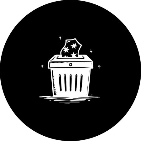 A sketch of a trash can filled with discarded papers. Symbolizing the creative process, idea rejection, and the importance of recycling, all within a circular frame.のイラスト素材