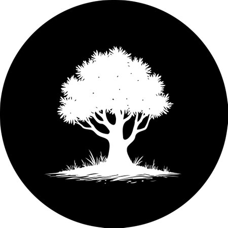 A captivating silhouette of a tree stands starkly against a black circle, embodying nature's resilience. This minimal graphic celebrates the simple elegance of the natural world.のイラスト素材