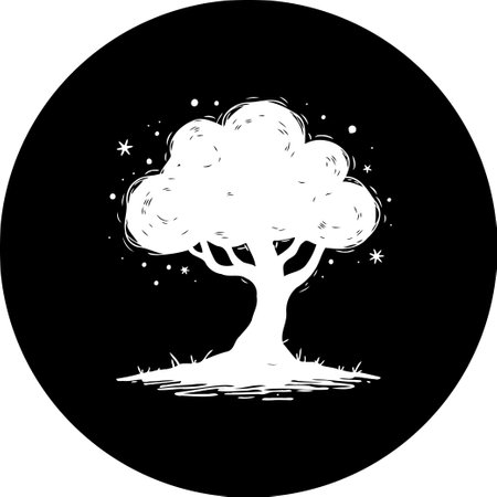 This artwork presents a stylized tree, its foliage and trunk vividly outlined against a solid black background. A simple yet powerful nature-inspired graphic element.のイラスト素材