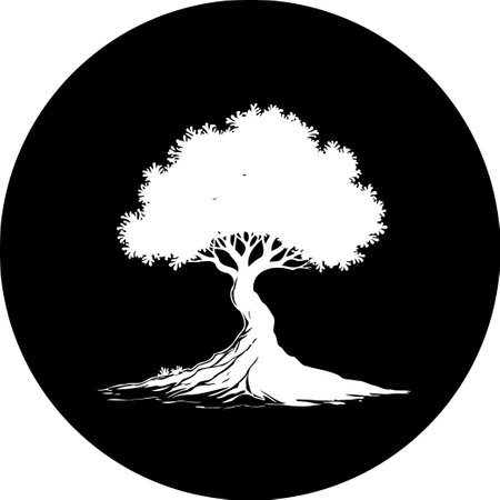A captivating monochrome image featuring a tree silhouette, starkly contrasted against a dark circular backdrop. The artful design highlights the tree's organic form, from roots to branches, emphasizing nature's beauty.のイラスト素材