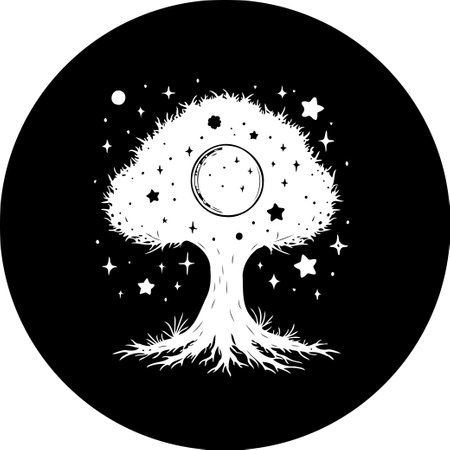 A stylized tree illustration stands out in silhouette against a night sky filled with stars and moon. The scene evokes a dreamlike, ethereal ambiance, blending nature with elements of astronomy and fantasy.のイラスト素材