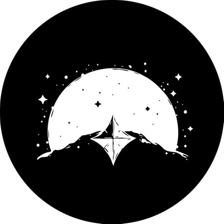 A monochrome graphic depicts a moon rising behind a mountain range, surrounded by celestial stars within a circular frame. The design evokes a serene, dreamy nightscape.のイラスト素材