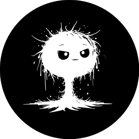 Stylized monochrome artwork of a whimsical character with a spiky silhouette, evoking a playful yet slightly mischievous vibe. The design is a blend of modern abstract with a touch of minimalistic drawing.のイラスト素材
