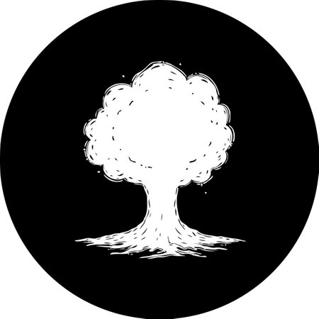 A minimalist monochrome illustration showcases a solitary tree silhouette within a circular frame. This symbolic graphic uses contrast and simplicity to suggest themes of nature, growth, and isolated beauty.のイラスト素材