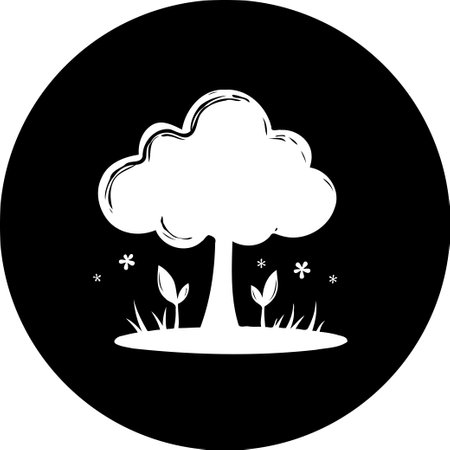 Monochrome illustration showcasing a stylized tree with simple foliage and two sprouts, set against a circular black background, evoking themes of nature and conservation.のイラスト素材
