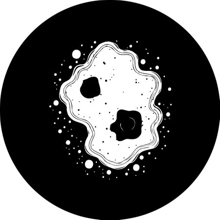 This abstract monochrome image portrays a biological cell within a dark circular background, evoking themes of microbiology, science, and cellular study.のイラスト素材