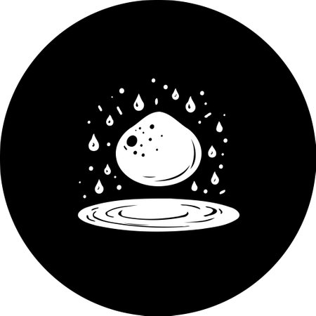 An abstract illustration features a speckled sphere suspended above water, surrounded by falling droplets. The design uses minimalist black and white to convey calm and serenity.のイラスト素材