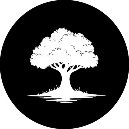A striking silhouette of a tree rendered in white against a solid black circular background. This minimal yet powerful image evokes feelings of nature, growth, and peace.のイラスト素材