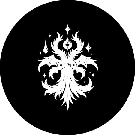 A monochromatic emblem features stylized wings, flame-like designs, and sparkling accents, creating an intriguing blend of gothic and fantasy elements against a simple black circle.のイラスト素材