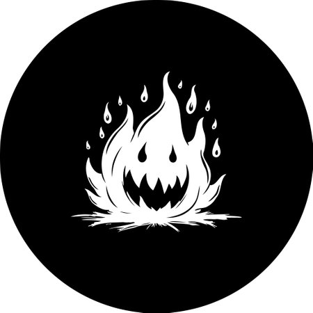 A stylized illustration featuring a spectral, flame-like figure enclosed in a black circle. The design evokes a spooky and Halloween-esque aesthetic, rendered in a simple, graphic style.のイラスト素材