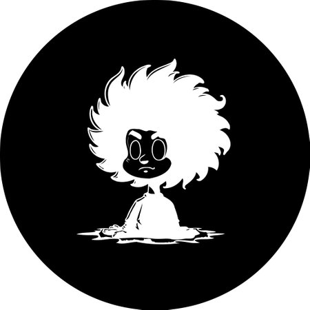 A stylized, monochrome depiction of a cartoon character with a large Afro. The illustration has a whimsical and artistic quality with simple lines and bold contrast, floating in water or blob.のイラスト素材