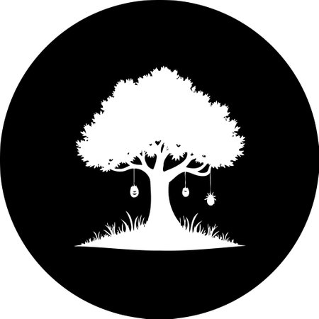 A white arboreal silhouette set against a black backdrop creates a night scene. The simplified composition features stylized vegetation. It offers an impression of serenity and stillness, evocative of a natural scene.のイラスト素材