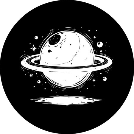 An artistic rendering presents a planet with rings in a circle, set against a dark background. The planet's surface is detailed with craters, conveying depth and intrigue. This monochromatic design evokes cosmic exploration and celestial mystery.のイラスト素材