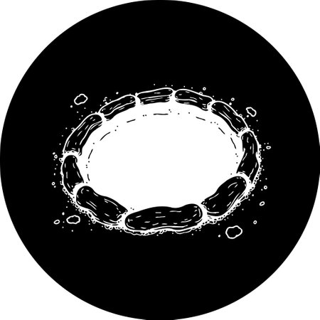 A monochrome illustration features a distorted, grainy ring shape on a dark background. The abstract design has a rough, sketched aesthetic, suitable for decorative or visual compositions.のイラスト素材