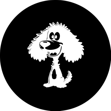 A stylized monochrome cartoon depicts a cheerful puppy with fluffy fur and an endearing smile, set against a black backdrop providing contrast and emphasis.のイラスト素材