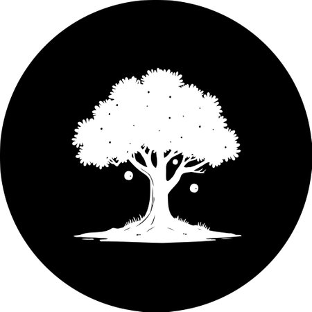 An isolated white tree silhouette stands out against a bold black circular backdrop. The design showcases natural beauty with a minimalist style, blending simplicity with elegance.のイラスト素材