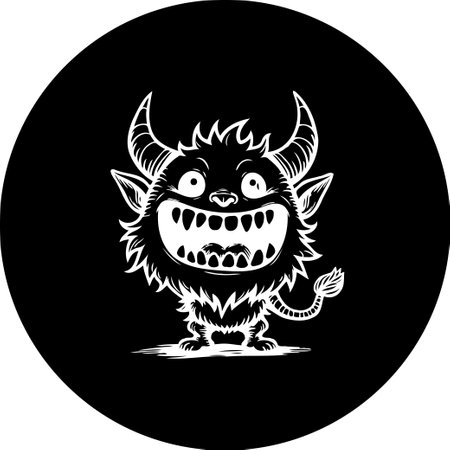 A stylized monochrome illustration showcases a whimsical character with prominent horns and a wide smile. The creature's design is both funny and slightly spooky, rendered in a detailed and playful style.のイラスト素材