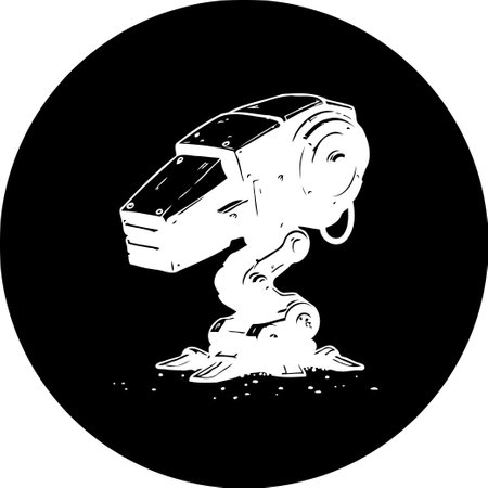 A stylized monochrome illustration depicts a robotic entity, set against a contrasting background. Its futuristic design evokes a sense of technological advancement and mechanical artistry.のイラスト素材