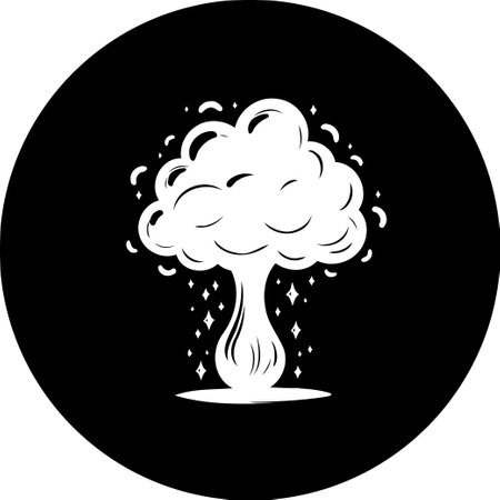 A stylized illustration of a celestial tree with cloud-like foliage, sparkling with magic and fantasy elements on a black circular background.のイラスト素材