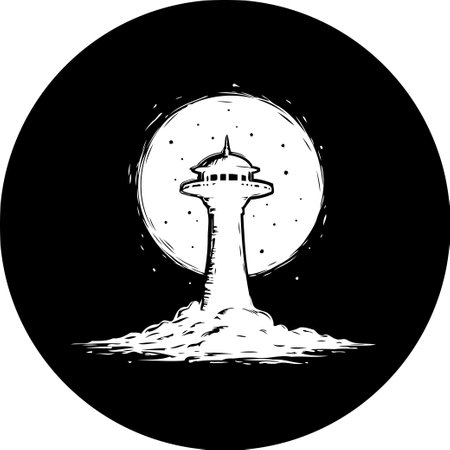 A unique monochromatic illustration features a futuristic tower rising above celestial clouds. The artistic design evokes a sense of dreamscape and cosmic exploration, rendered in detailed ink drawing style.のイラスト素材