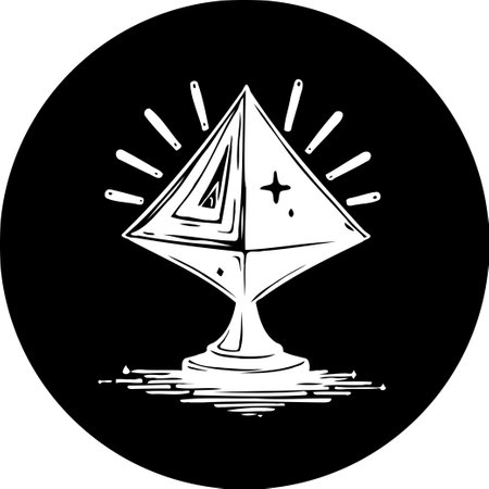 Monochrome graphic showcasing a stylized pyramid atop a pedestal, radiating with light. A design rich in symbolic geometry, evoking a sense of cosmic enlightenment and ancient knowledge.のイラスト素材