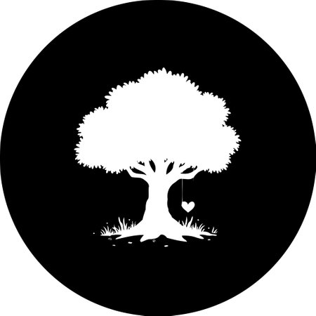 A minimalist black and white graphic presents a tree silhouette with a charming heart-shaped swing, conveying themes of love, nature's beauty, and peaceful solitude. A simple yet powerful design element.のイラスト素材