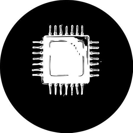 A stylized microchip illustration stands out against a solid black circle, symbolizing modern computing and technological innovation. Its simple yet distinctive design captures the essence of digital progress.のイラスト素材
