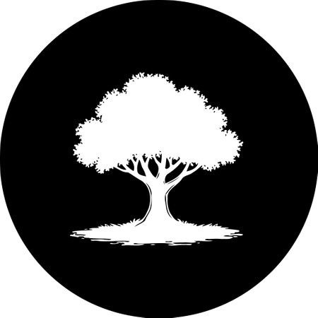 A solitary white tree silhouette stands prominently against a black circular background. The design embodies simplicity, making it suitable for various nature-themed or eco-conscious projects.のイラスト素材