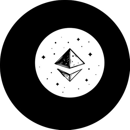 A minimalistic black and white representation of ethereum cryptocurrency. Surrounded by stars creating a cosmic, decentralized, and digital finance concept for modern market technology.のイラスト素材