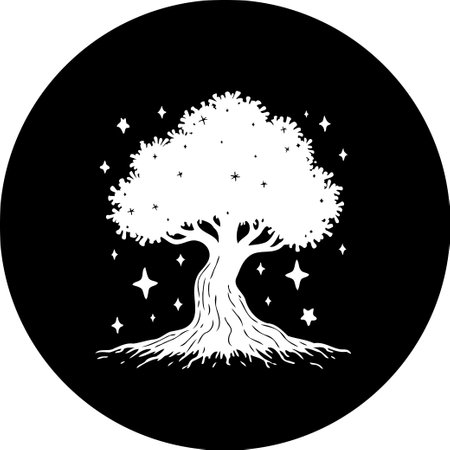 A white tree silhouette stands out against a black circular backdrop, surrounded by a scattering of stars, creating a mystical and enchanting atmosphere.のイラスト素材